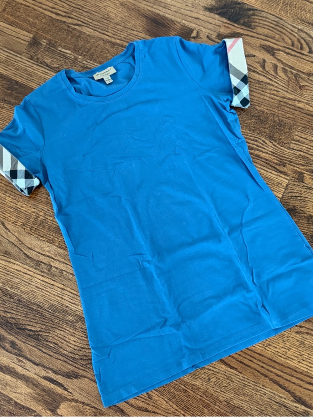 Burberry Blue Crew Neck Tee with Signature Plaid Check Detail